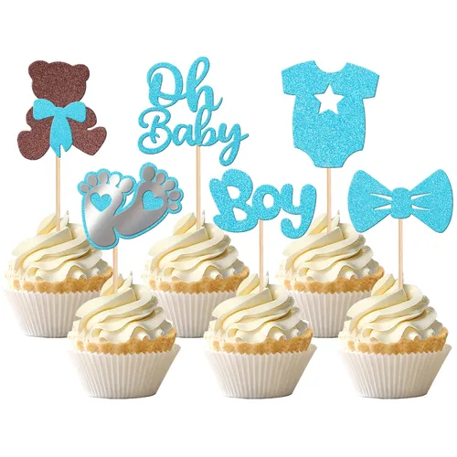 Vista 9 de 24 piezas de adornos para cupcakes con lazo con purpurina, vestido de luna Oh Baby para revelación de género, baby shower, fiesta de cumpleaños