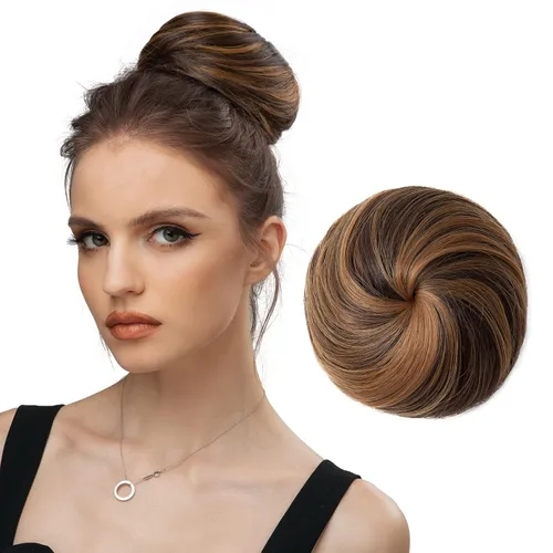 Vista 14 de SARLA Extensiones de moño de pelo falso para mujer, sintético, recogido, con cordón, moño de ballet, piezas de cabello color castaño medio Castaño
