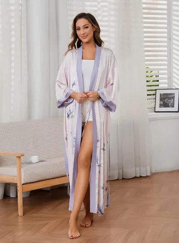 Vista 5 de Bata de baño larga de seda para mujer, ropa de dormir con estampado floral, bata de boda, camisón de satén para dama de honor