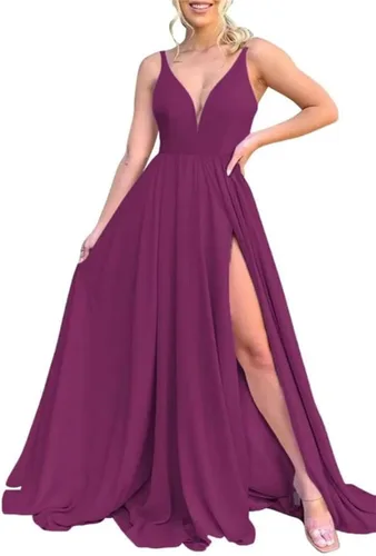 Vista 25 de Vestidos largos de dama de honor para mujer, con abertura, cuello en V, vestido de fiesta formal para boda