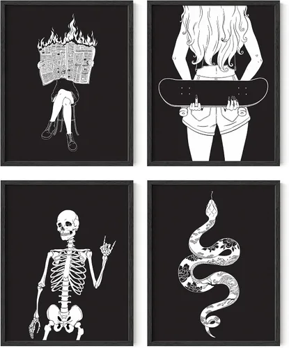 Vista 9 de HAUS AND HUES Decoración gótica de pared, juego de 4 impresiones de Halloween, arte de pared de terror y esqueleto, obra de arte espeluznante