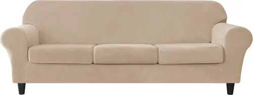 Vista 19 de Funda elástica para sofá, funda de terciopelo ultra suave, protector de muebles para mascotas y niños (beige, pequeño)