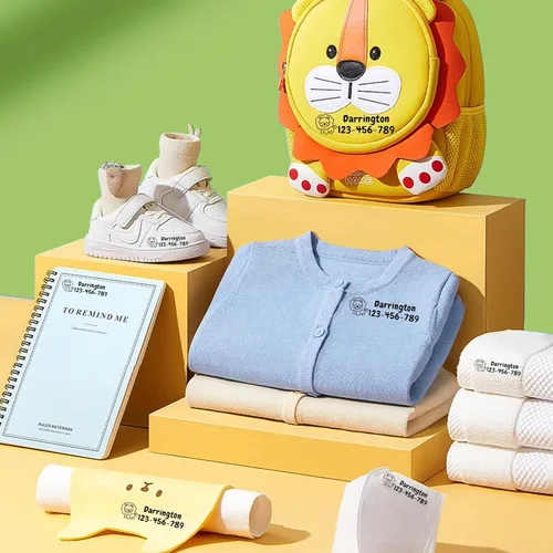 Vista 2 de Sello de nombre para ropa para niños, sello con nombre personalizado, impermeable, 4 colores y 36 patrones de dibujos animados (concha de sello azul)