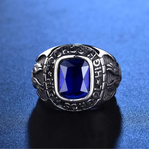 Vista 2 de MASOP Anillos de acero inoxidable 316L para hombres con piedras azules grabadas para la escuela secundaria, talla 8-15
