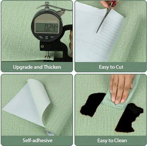 Vista 2 de TANONE Papel de Contacto Despegar y Pegar (15.8in x 197in), Papel Tapiz de Tela de Hierba Autoadhesivo Removible, Papel de Pared de Tela de Lino