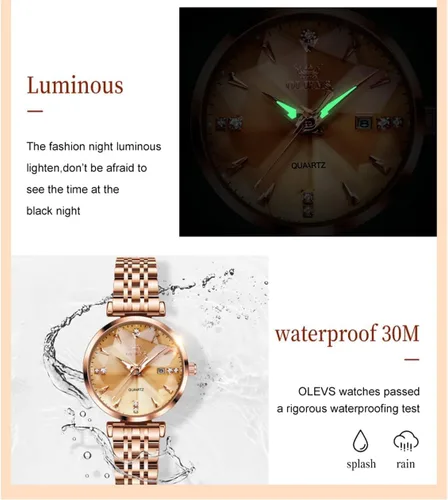 Vista 6 de OLEVS Reloj de mujer con diamantes de lujo, reloj de pulsera de oro rosa, de acero inoxidable, luminoso, impermeable, con fecha