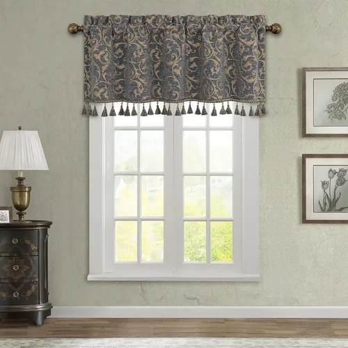 Vista 24 de Loom and Mill Cenefas de jacquard de lujo para ventana de sala de estar, elegante cenefa de cortina de damasco beige con ribete de cuentas, cortina