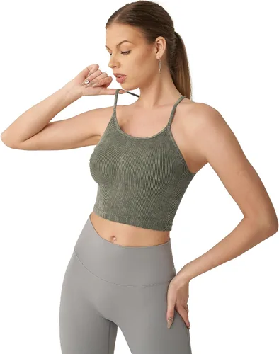Vista 5 de Attifall Camiseta corta acanalada sin mangas para mujer, sin costuras, espalda cruzada, tirantes delgados, para entrenamiento, deportes, conjuntos