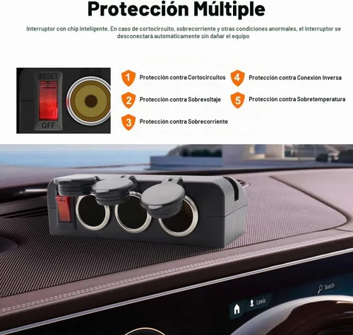 Vista 3 de Divisor de encendedor de cigarrillos de 3 enchufes, adaptador de toma de corriente de 12V con interruptores LED de encendido/apagado para automóvil