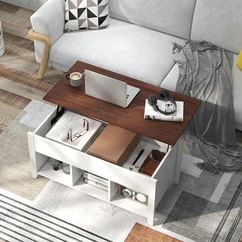 Vista 8 de Mesa auxiliar elevable, mesa de té moderna 2 en 1 con compartimento de almacenamiento oculto y 3 estantes de almacenamiento abiertos, mesa central