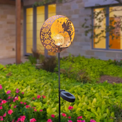 Vista 7 de Tryme Luces solares de jardín de hadas, estaca de globo de cristal con estrella de luna, luces decorativas impermeables para exteriores, patio
