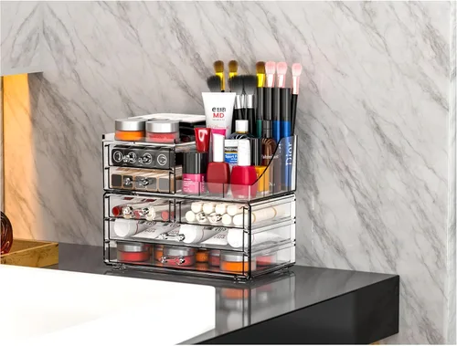 Vista 5 de Cq acrylic Organizadores de maquillaje para tocador con 6 cajones, paquete de 2 organizadores de cajones transparentes, bonitos accesorios