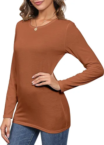 Vista 6 de 2 camisetas de manga larga para mujer, cuello redondo, ajustadas, básicas, blusas