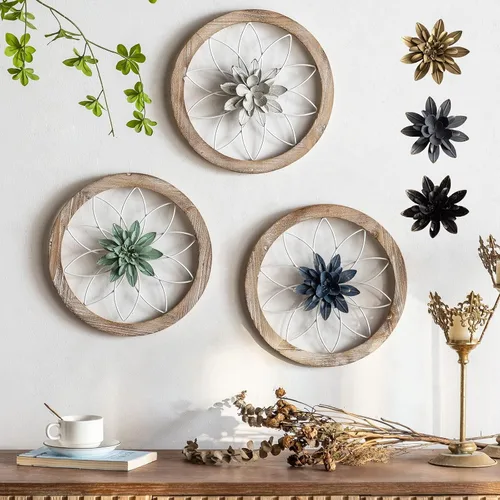 Vista 9 de Paquesta Decoración de Pared de Granja Redonda de 3 Piezas con 6 Flores Intercambiables de 12'' Medallón de Madera y Metal Arte de Pared Rústico