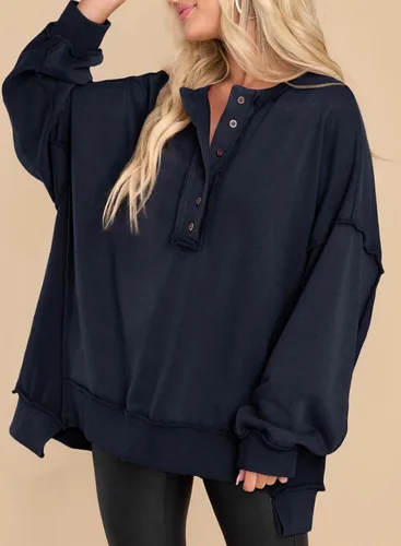Vista 61 de AlvaQ - Sudadera de gran tamaño para mujer, informal, de manga larga, con botones y cuello Henley, tipo túnica
