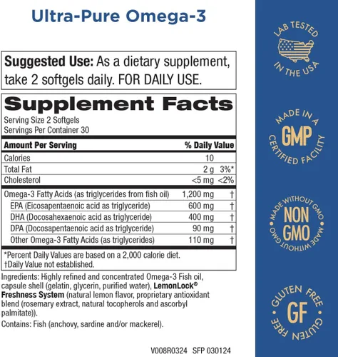 Vista 2 de Purity Products - Ultra Pure Omega 3,60 cápsulas blandas, Azul