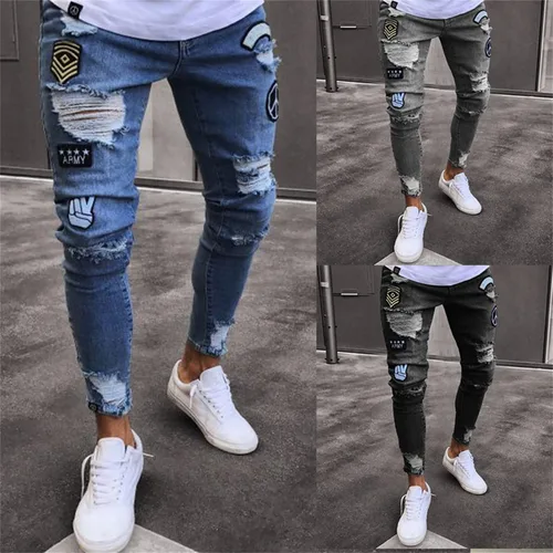 Vista 4 de Pantalones de mezclilla ajustados para hombre, ajustados, rasgados, ajustados, desgastados, con agujeros rasgados