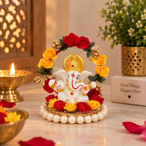 Vista 2 de eCraftIndia Lord Ganesha Idol en plato decorativo hecho a mano para el hogar y el automóvil