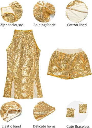 Vista 6 de LOLANTA Vestido de baile de lentejuelas para niñas de 4 a 12 años, traje de baile de hip hop, sin mangas y pantalones cortos
