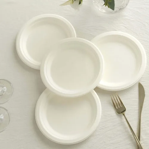 Vista 2 de Efavormart - Paquete de 50 platos redondos de bagazo biodegradables blancos de 7 pulgadas, compostables, ecológicos, desechables, aperitivos, Tipo 17