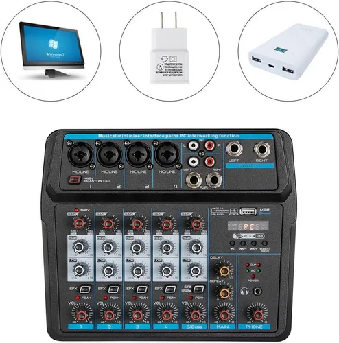 Vista 4 de Mezclador de audio, consola de mezcla de sonido, mezclador profesional, mezcla de potencia, USB para grabación/DJ/karaoke/escenario y estudio