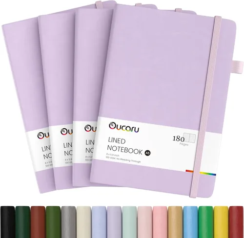 Vista 45 de Oucaru Cuaderno rayado, paquete de 4, 180 páginas, diarios A5 para escribir, papel grueso de 100 GSM, cuadernos pequeños diarios para mujeres