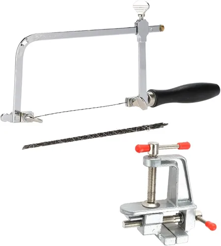 Vista 5 de Jewelers - Kit de herramientas de mango de sierra para metales, marco de sierra de arco de sierra de 12 cuchillas y mini tornillo de banco