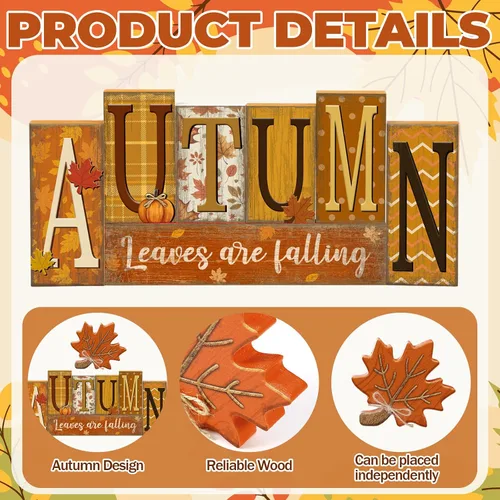Vista 7 de Threehoney 8 piezas de decoración de mesa de otoño, hojas rústicas de otoño, letrero de madera, hojas de arce, bloque de madera, centro de mesa