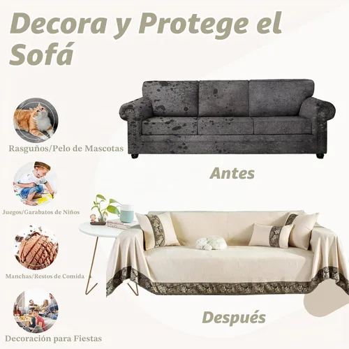 Vista 4 de Funda de sofá vintage beige, lavable, de chenilla, 71 x 150 pulgadas Damasco Borde Beige
