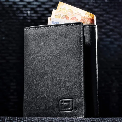 Vista 3 de Billetera triple de 8 compartimientos bloqueadora de RFID con espacio para identificación - Cuero auténtico - Billeteras bloqueadoras de RFID