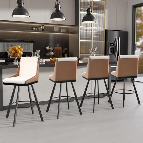 Vista 7 de Juego de 2 taburetes de bar giratorios de 26 pulgadas con respaldo, beige y marrón