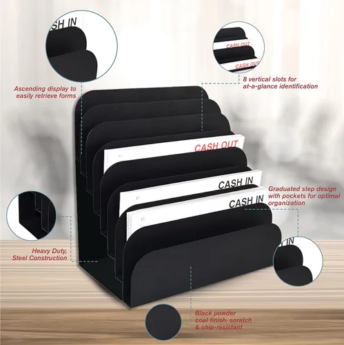 Vista 4 de BankSupplies STEELMASTER - Estante de acero para cajero, organizador de 8 ranuras para archivos y escritorio, organizador de papel, acabado