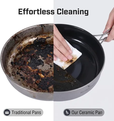 Vista 7 de Boundless Voyage Sartén antiadherente de titanio con mango plegable, revestimiento de cerámica antiadherente, olla de cocina para acampar al aire