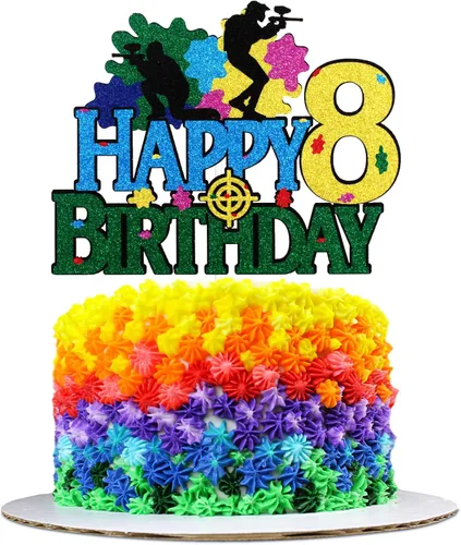 Vista 10 de Paintball - Decoración colorida para tartas de feliz cumpleaños, juego de disparos de feliz cumpleaños, suministros de fiesta de paintball para niños