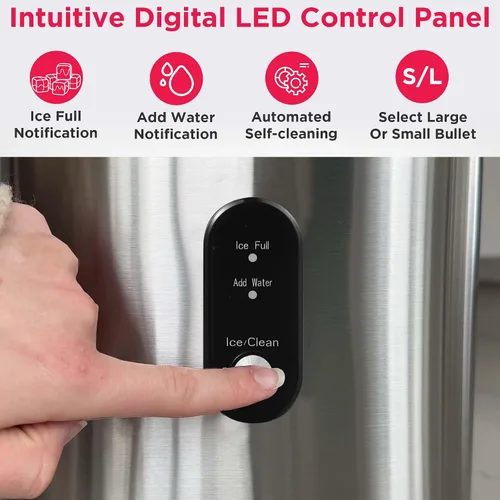 Vista 6 de Frigidaire Máquina para hacer hielo de acero inoxidable, resistente, hace 26 libras de hielo transparente por día, panel de control LED digital