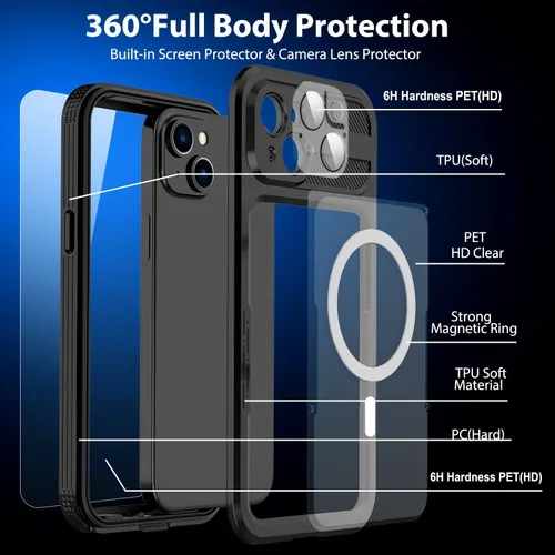 Vista 8 de Funda impermeable para iPhone 15 Plus, protector de pantalla integrado, a prueba de golpes, a prueba de nieve, a prueba de polvo, funda protectora