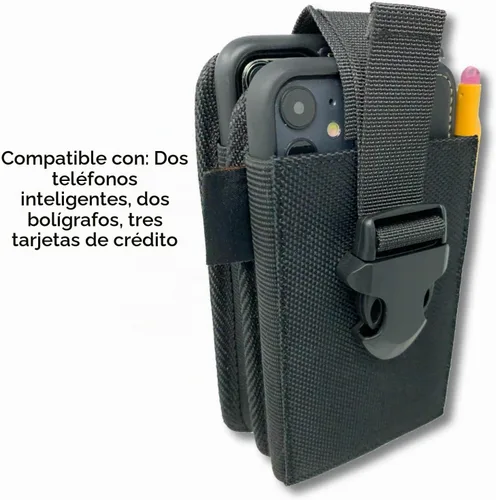 Vista 3 de Funda de nailon con doble bolsillo para teléfono. Bolsa con clip para cinturón con cierre de hebilla ajustable de liberación rápida. Lleva dos
