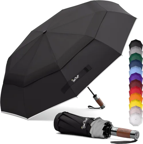 Vista 16 de Royal Walk Paraguas plegable resistente al viento, viaje compacto y fuerte, lujoso, mango de madera real, apertura y cierre automático, doble toldo