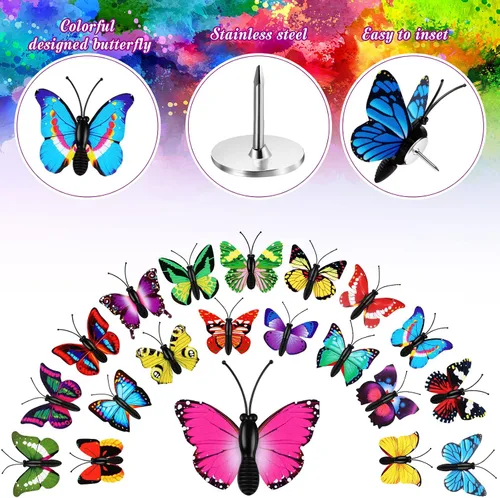 Vista 3 de Epakh Paquete de 30 chinchetas de mariposa, tachuelas decorativas, chinchetas de mariposa, chinchetas coloridas y bonitas para pared de fotos