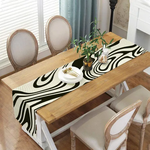 Vista 3 de Camino de mesa negro salvia, estético retro bohemio de los años 70, decoración abstracta de remolinos ondulados, decoración de mesa de comedor