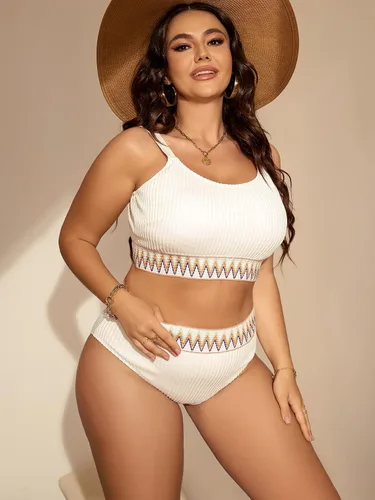 Vista 5 de Cozyease Conjunto de bikini para mujer, traje de baño de 2 piezas con cinta de cheurón y cintura alta