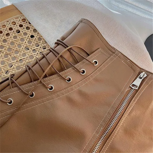 Vista 6 de Primavera Otoño Moda Una Línea PU Pantalones Cortos Mujer Slim Tie Pantalones Cortos De Cuero Todo Partido De Cintura Alta Pierna Ancha Pantalones