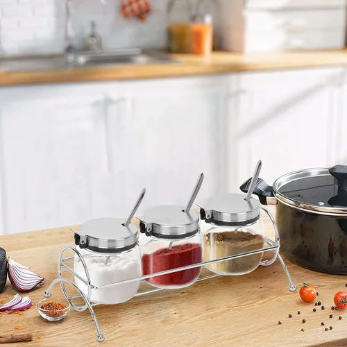 Vista 6 de only fire - Frasco para condimentos, recipiente para especias con tapas, cucharas de servir de acero inoxidable, estante base y etiquetas - botellas