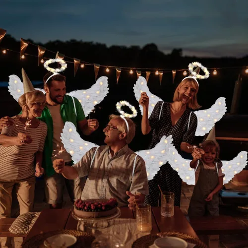 Vista 8 de Alas de ángel, alas de ángel iluminadas y halo con luces LED, disfraz de alas de ángel blancas para adultos, mujeres, niños, Halloween, Navidad