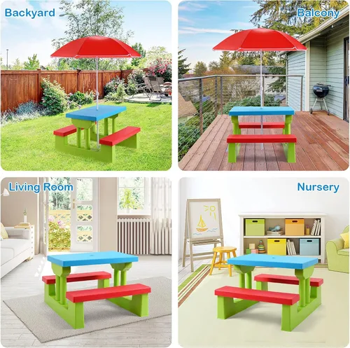 Vista 7 de KOTEK Juego de mesa de picnic para niños, mesa y banco para niños al aire libre con paraguas extraíble, muebles de plástico para niños, mesas