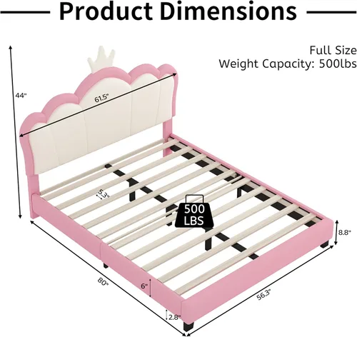 Vista 10 de Harper & Bright Designs Base de cama de princesa tapizada de tamaño matrimonial con cabecero de corona para niños, niñas, niños pequeños, cama