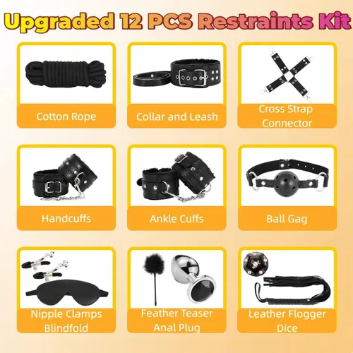 Vista 5 de Kits de Restricciones de Bondage Sexual Juguetes BDSM 12 Piezas Esposas Grilletes de Tobillo Tapón Anal Pinzas para Pezones Mordaza de Bola Venda