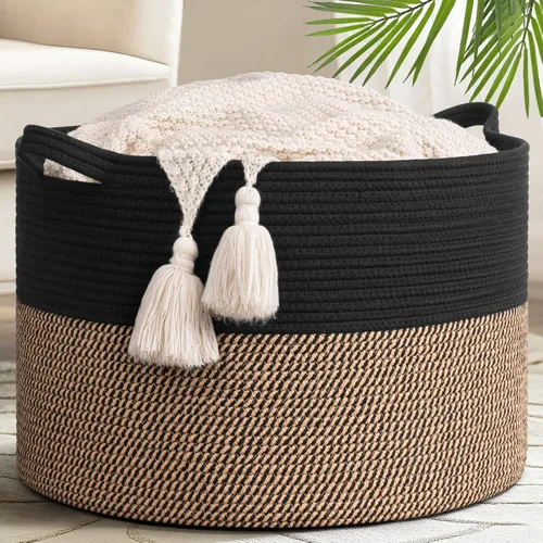 Vista 12 de Goodpick Cesta de manta de 65 litros, 19.7 x 12.6 pulgadas, cesta de cuerda de algodón, para sala de estar, organizadores de juguetes y Todo marrón