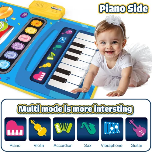 Vista 2 de Juguetes para bebés para niños de 1 año, niño niña, 2 en 1 alfombra musical de piano y tambor para niños pequeños de 1 a 3, alfombra de aprendizaje