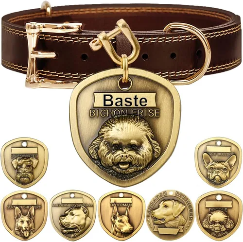 Vista 20 de Collar de cuero auténtico para perro + Juego de etiqueta para perro bulldog con relieve 3D (XS-S)